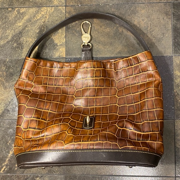 DOONEY & BOURKE Croc Embossed Brown Leather Logo Lock Hobo Shoulder Bag - Picture 5 of 15